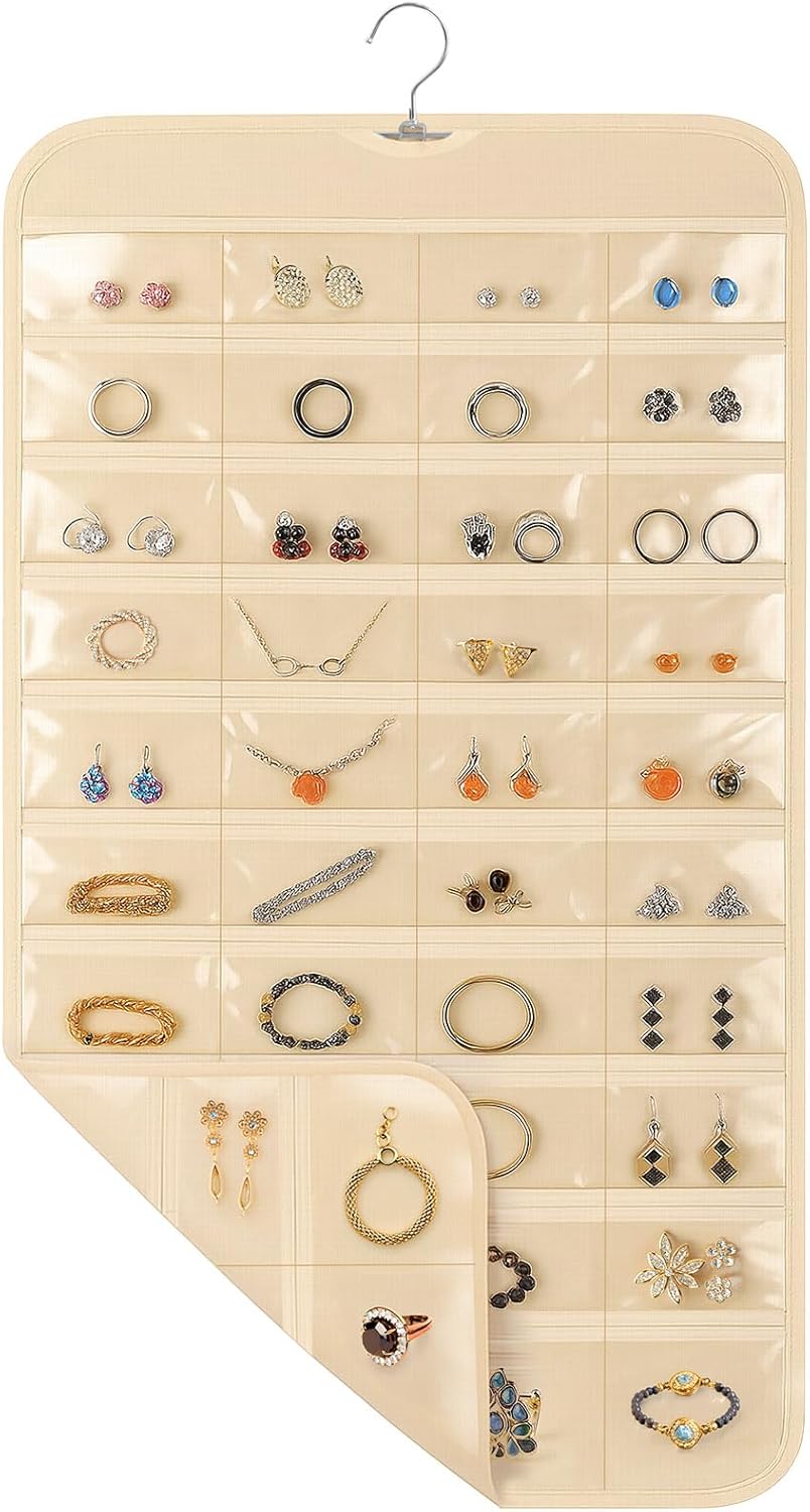 Hanging jewelry organizer with 80 clear pockets and a metal hook.