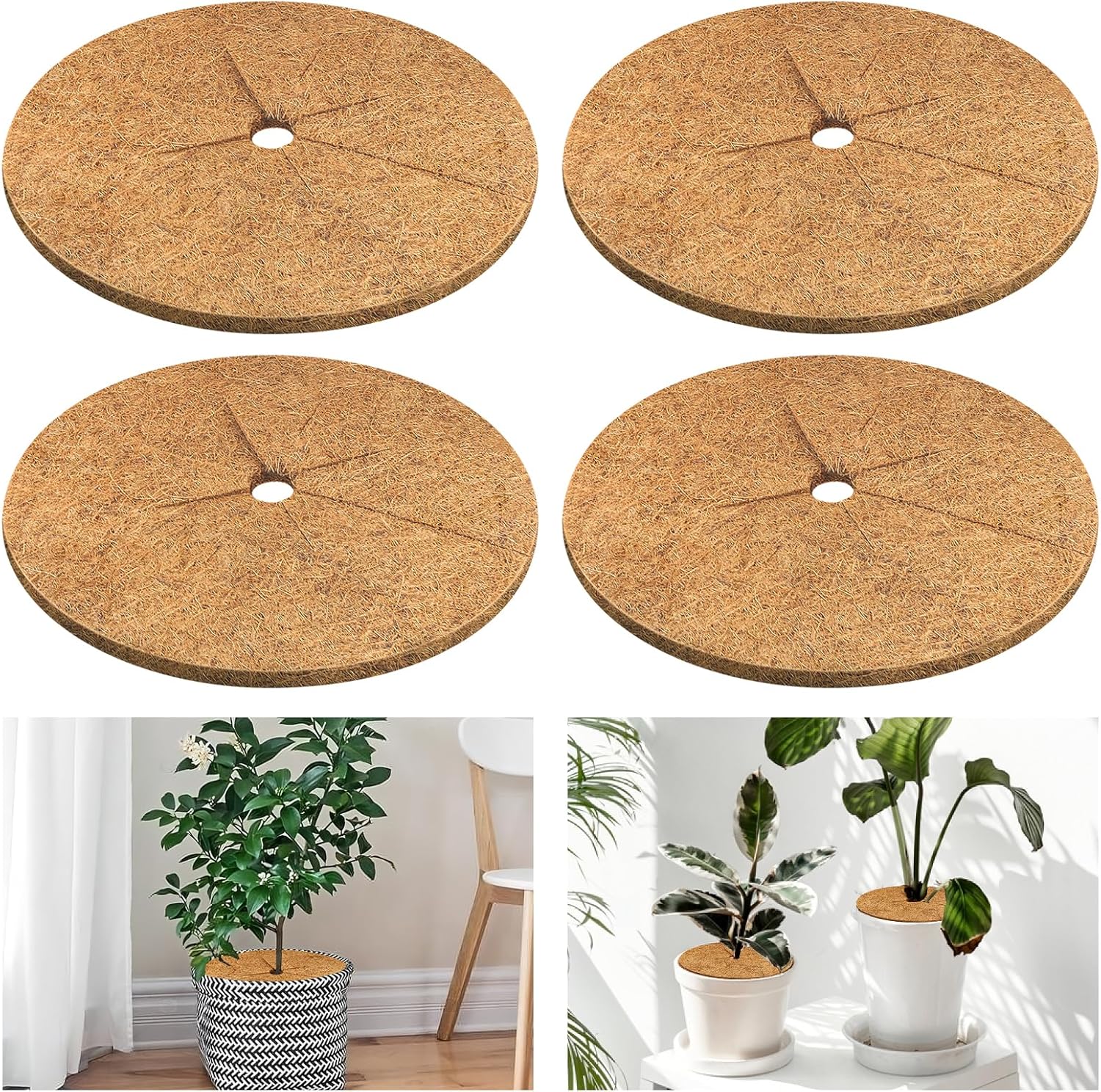 4pcs Coconut Fiber Mulch Ring Tree Plant Protector Mat, 11.8 Inch Natural Coco Coir Tree Mulch Ring Plant Pot Soil Cover, Tree Rings Disc Plant Cover for Indoor Outdoor Plants, Landscaping
