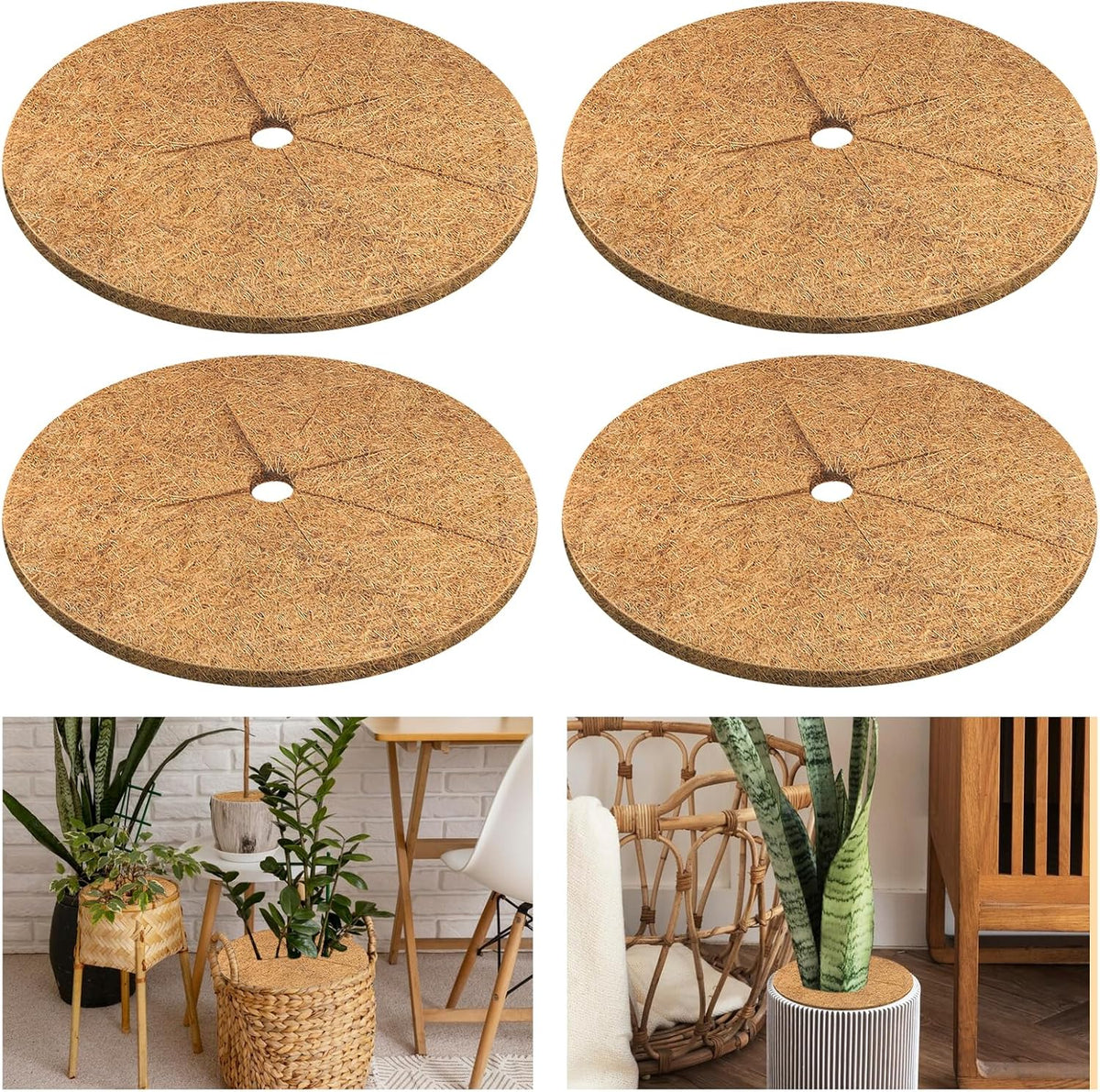 4pcs Coconut Fiber Mulch Ring Tree Plant Protector Mat, 14 Inch Natural Coco Coir Tree Mulch Ring Plant Pot Soil Cover, Tree Rings Disc Plant Cover for Indoor Outdoor Plants, Landscaping