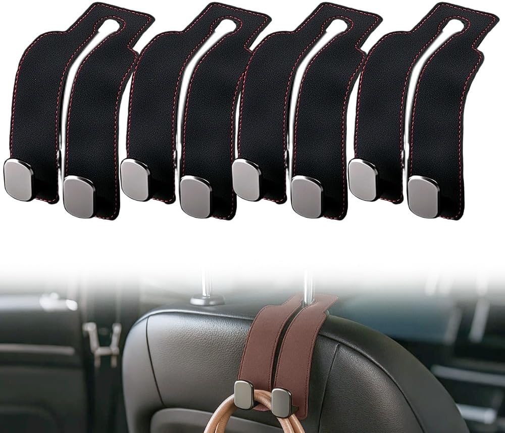 Headrest Hooks for Car Car Seat Hooks for Headrest,2026 Hooks for Purses and Bags Cute Car Purse Holder,Twinhook Leather Car Headrest Hangers Seat Back Organizers for Travel (Black*4)