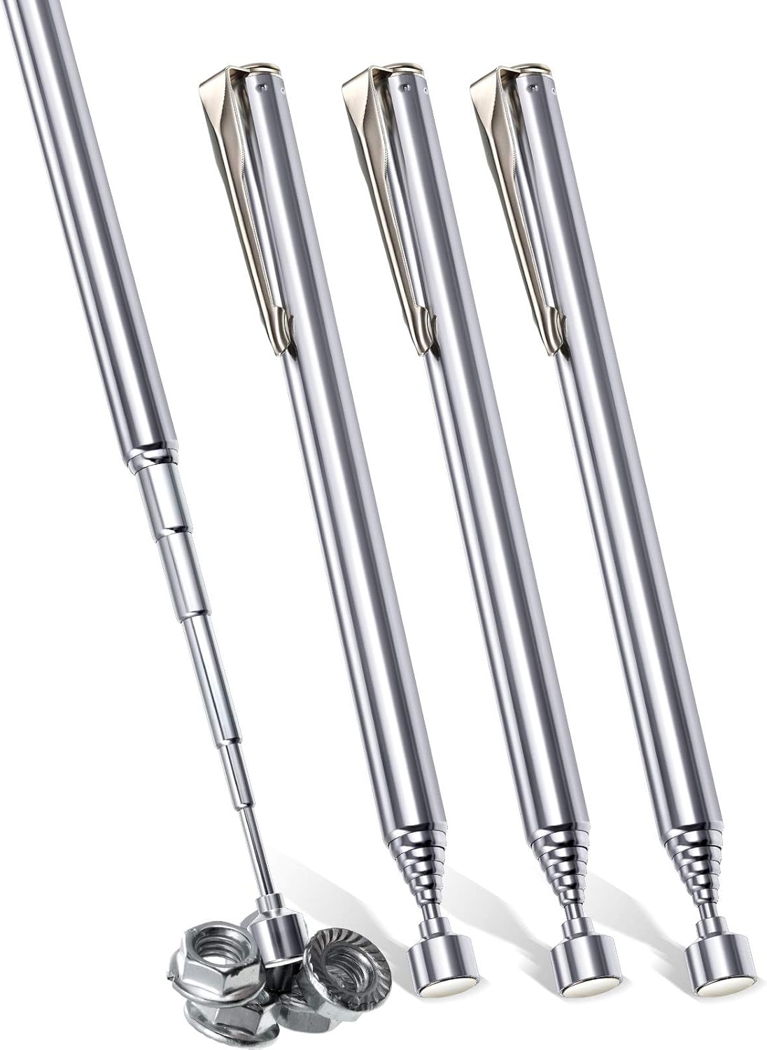4 Pieces Telescoping Magnetic Pick up Tool Grabbers Reacher Tools with Pocket Clip 25 Inch Telescopic Retrieving Magnet Gift for Man, Father, Mechanic, Handyman, Husband (Silver)