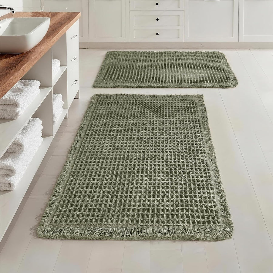 Set of 2 Waffle Bathroom Rugs, Super Absorbent Boho Bath Mats, Non-Slip Shower Mats for Bathroom Floor and Tub, Ultra Soft Waffle Weave Runner Mat, Quick Dry, Olive Green, 17x24+18x30 Inch