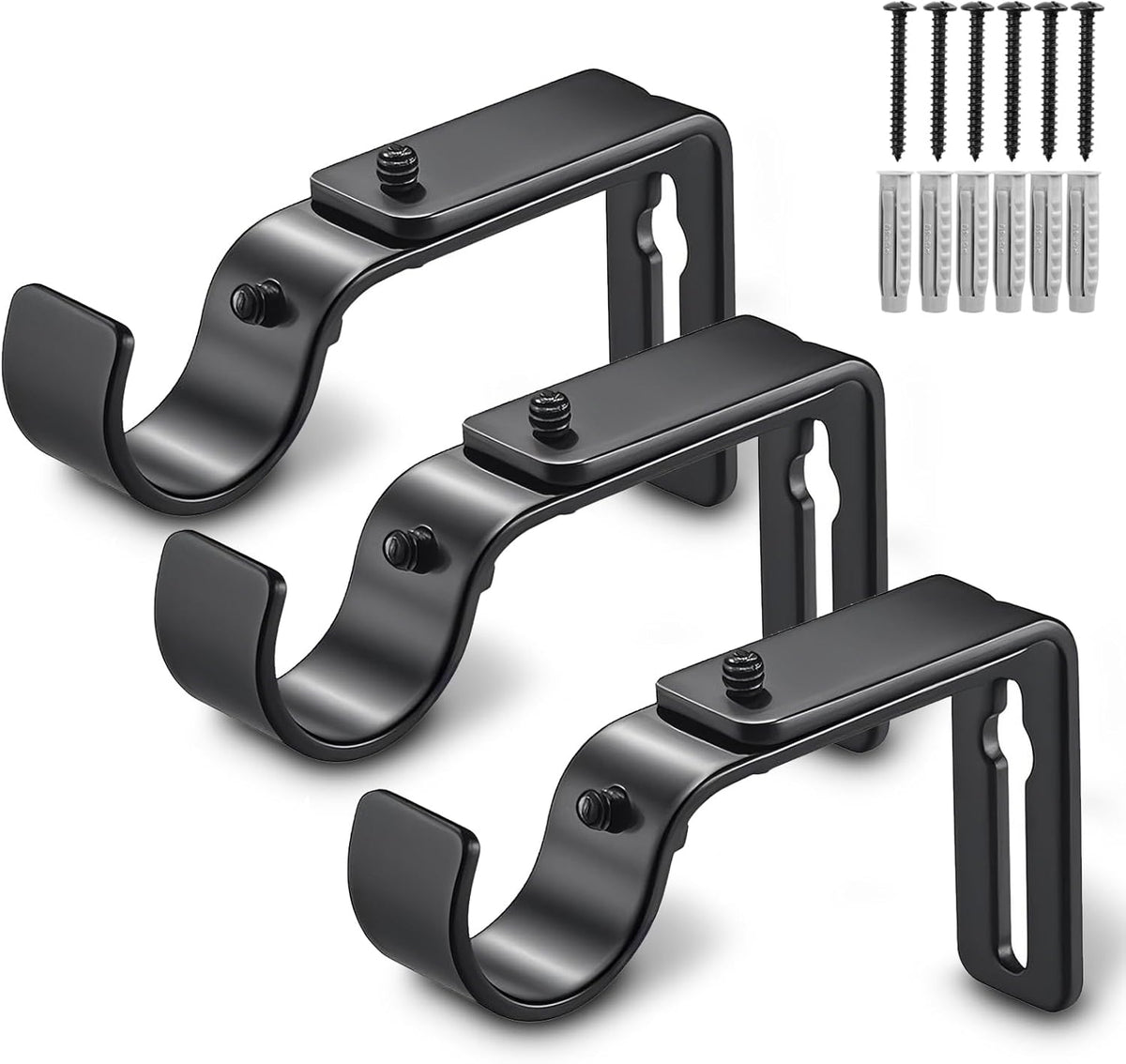 Curtain Rod Bracket Adjustable, Drapery Rod Holder Hooks Support Hangers for 1 inch Diameter Window Curtain Rods (Black, 3-Pack)