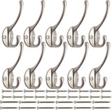 10 Pack Dual Coat Hooks Wall Mounted with 40 Screws Retro Double Hooks Utility Silvery Hooks for Coat, Scarf, Bag, Towel, Key, Cap, Cup, Hat (Silvery)