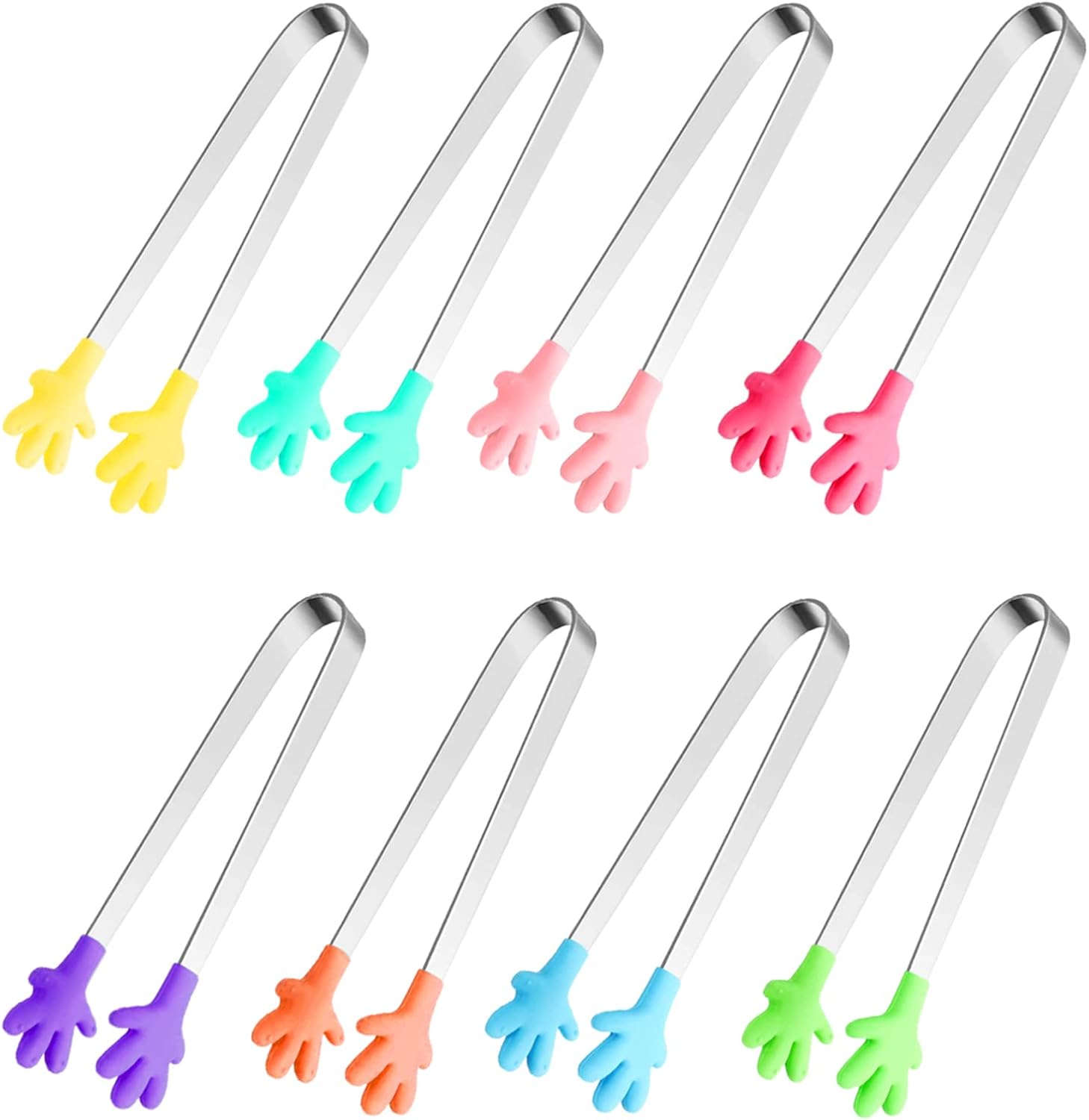 8PCS Silicone Mini Tongs, 5Inch Hand Shape Food Tongs, Colourful Small Kids Tongs for Serving Food, Ice Cube, fruits, Sugar, Barbecue by  (Palm sharp)