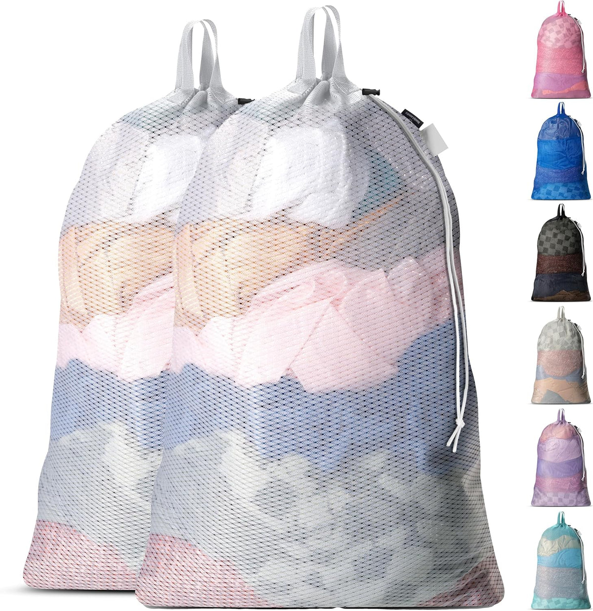 Large Mesh Laundry Bags - 2-Pack Heavy Duty with Handles & Drawstring - Machine Washable Net Laundry Sacks for College Dorm, Camp, Travel, Bedding & Clothes Storage (White)
