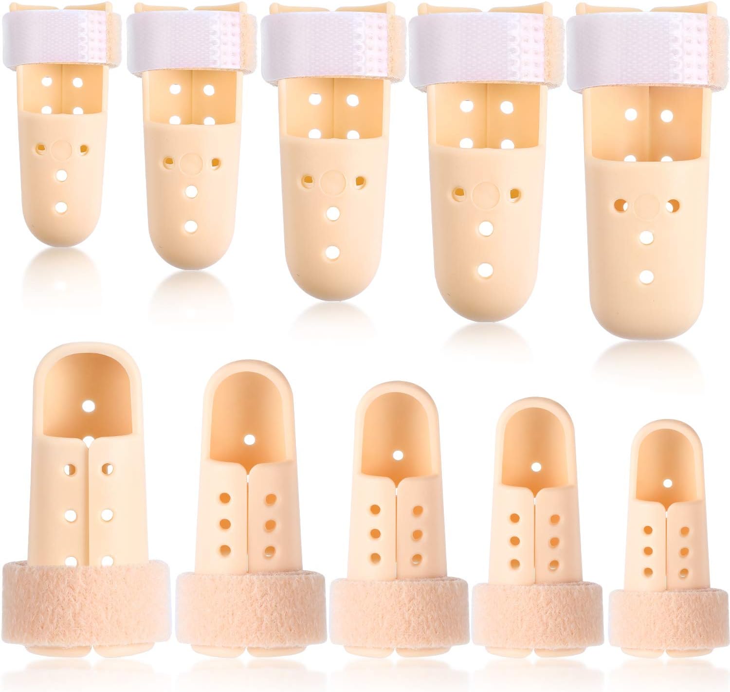 10 Pcs Mallet Finger Splint, 5 Sizes Finger Support Brace Stabilizer Straightener Plastic Fingertip Protectors Arthritis Knuckle Immobilization for Thumb Pinky Middle Index Ring(Beige)