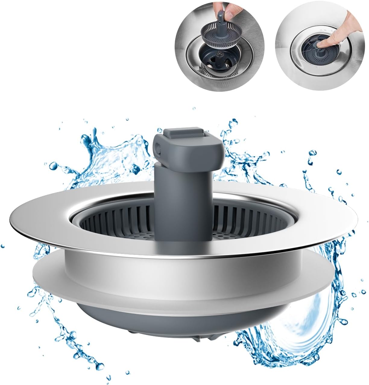 3 in 1 Kitchen Sink Drain Strainer and Stopper Combo, Chrome Stainless Steel Wraped Shell, Anti-Clogging Basket Strainer with Foldable Handle for US Standard 3-1/2" Drain