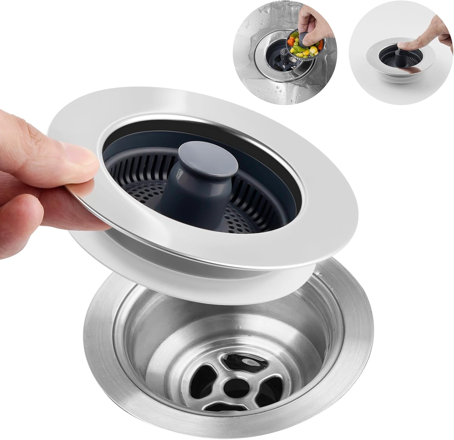 3 in 1 Kitchen Sink Drain Strainer, Stainless Steel Wrapped Shell Drain Stopper Combo, Pop Up Sink Stopper, Anti-Clogging Basket Strainer with Handle for US Standard 3-1/2" Drain