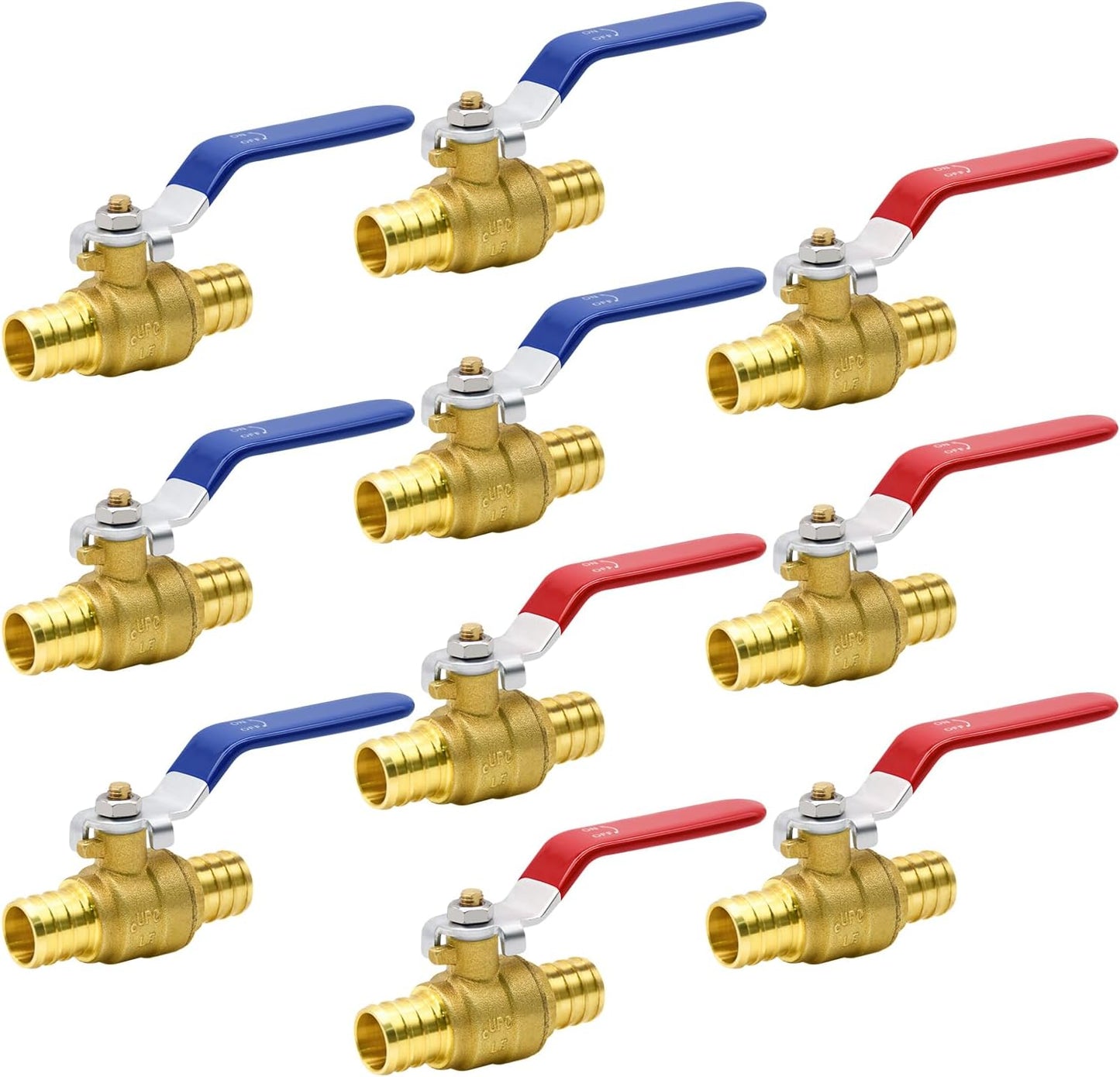 10pcs PEX Ball Valves, 3/4" PEX Brass Full Port Shut Off Ball Valve, Full Port Shut-off Ball Valve, Quarter Turn HOT (RED) COLD (BLUE) of Water Stop Shut off