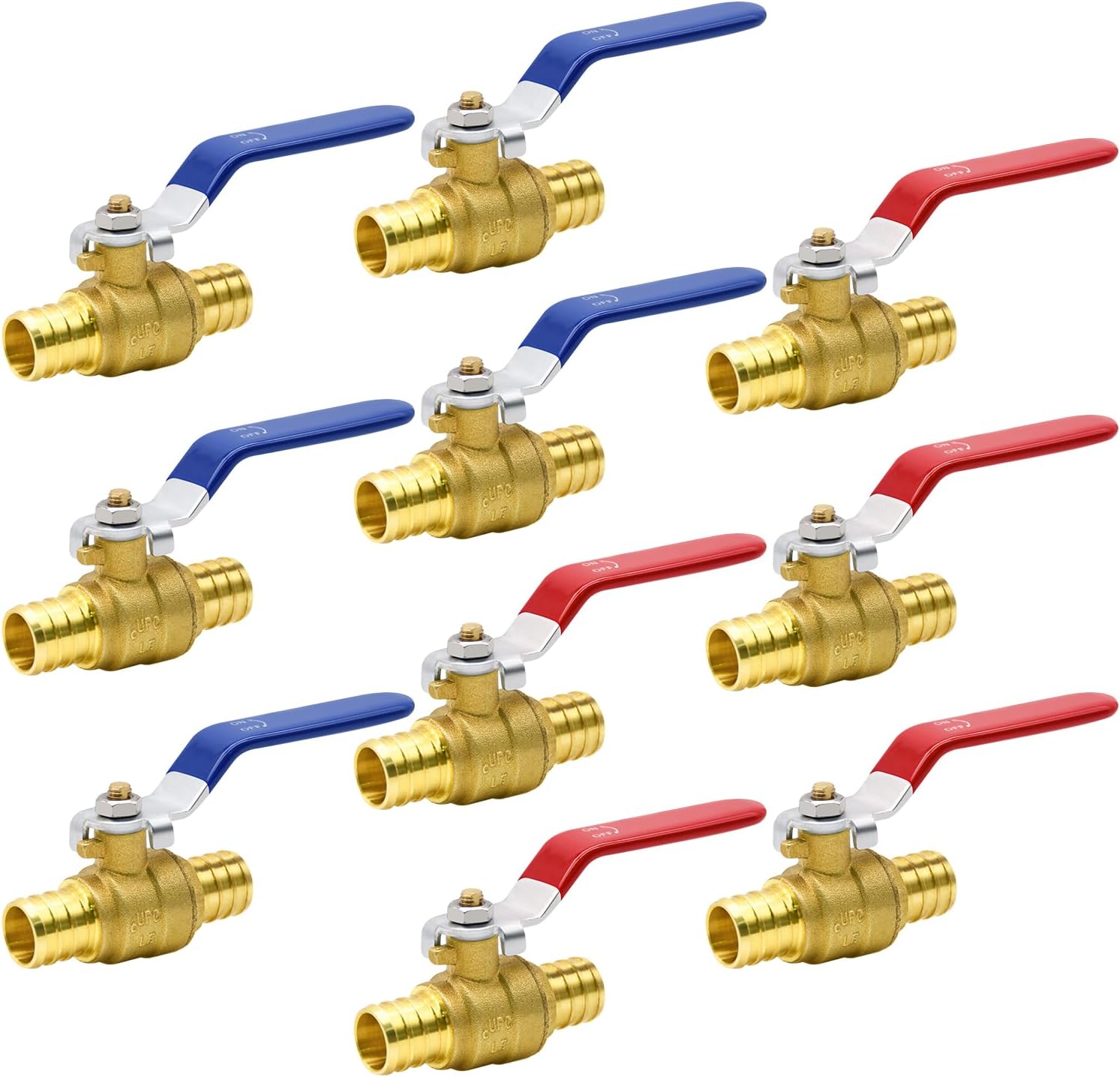 10pcs PEX Ball Valves, 3/4" PEX Brass Full Port Shut Off Ball Valve, Full Port Shut-off Ball Valve, Quarter Turn HOT (RED) COLD (BLUE) of Water Stop Shut off