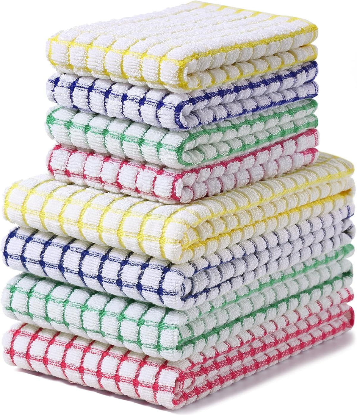 Kitchen Towels and Dishcloths Set, 16 x 25 and 12 x 12 Inches, Set of 8 Cotton Terry Kitchen Dish Towels, Super Soft and Absorbent Dish Cloths, Blue/Yellow/Red/Green