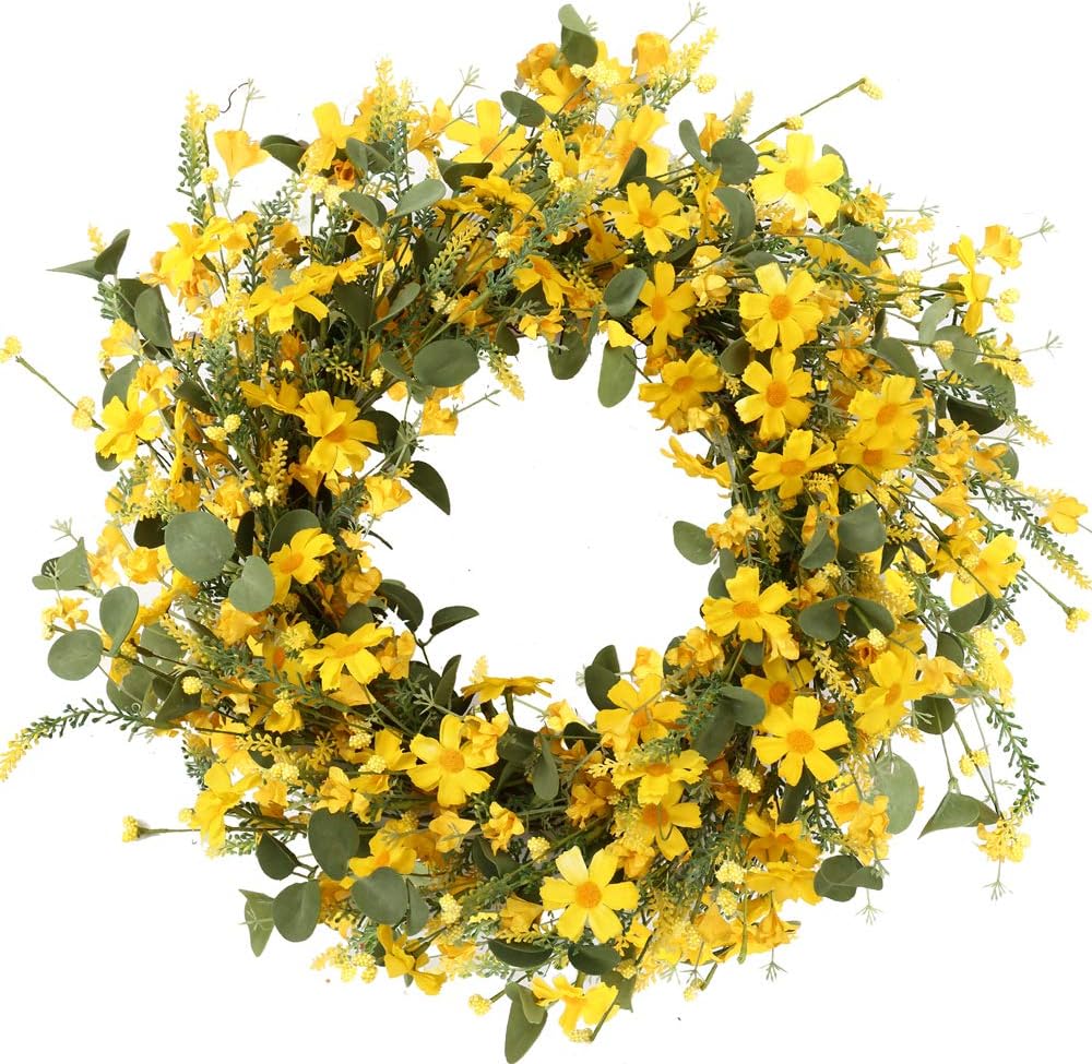 Artificial Spring Wreath 22 Inch Summer Wreaths for Front Door Yellow Daisy Wreath for Indoor Outdoor Home Decor and Easter Celebration
