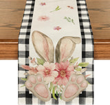 Buffalo Plaid Bunny Ear Foot Flower Easter Table Runner, Seasonal Spring Kitchen Dining Table Decoration for Home Party Decor 13x72 Inch