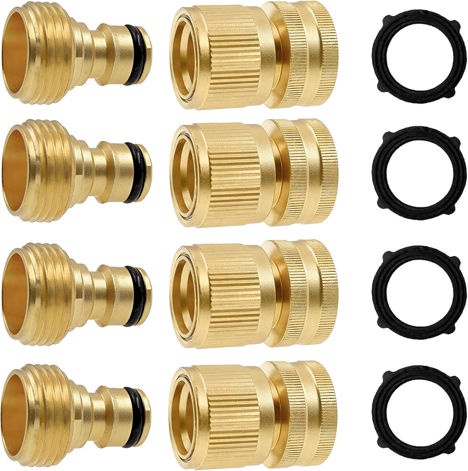 Garden Hose Quick Connector, Solid Brass 3/4 Inch GHT Thread Garden Quick Connect Kit, Male and Female No-Leak Water Hose Fittings (4 Set)