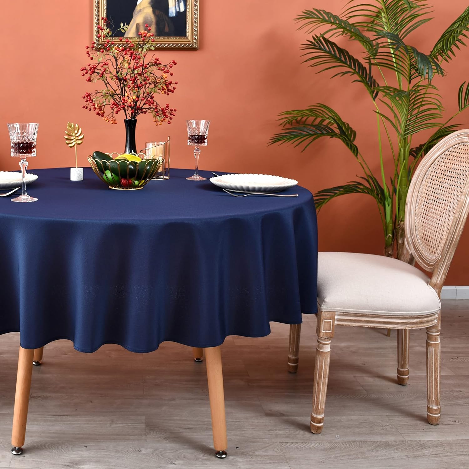 Navy Blue 210 GSM Water & Stain Resistant Round Tablecloth for Circle Table - Solid 48 Inch Table Cloth Cover in Wrinkle Free Durable Washable Polyester Fabric for Wedding, Party, Banquet