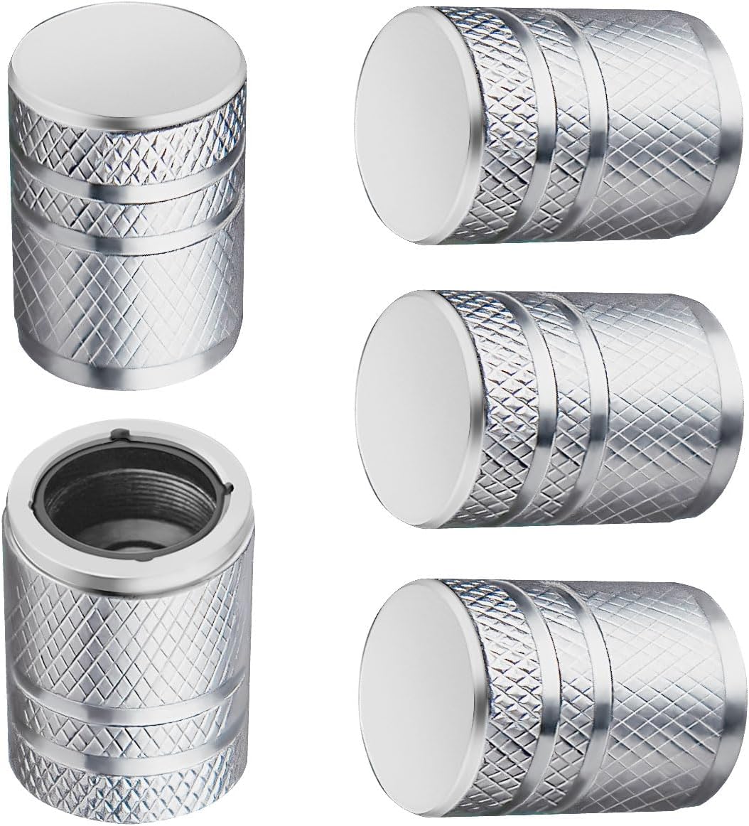 Tire Valve Stem Caps - (5 Pack) Metal Air Caps with Plastic Liner, Corrosion Resistant, Leak-Proof, Universal Stem Covers for Cars Trucks Motorcycles and Bikes - Silver