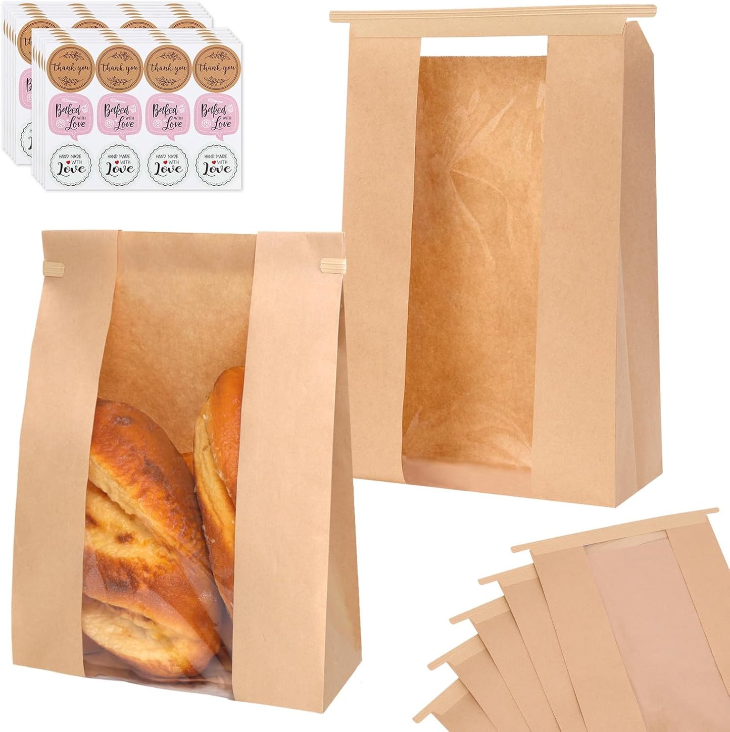 120 Pack Large Paper Bread Bags for Homemade Bread, 13.7x8.3x3.5 Inches, Sourdough Bread Bags with Tin Tie Tab and Clear Front Window, Includes 144 Label Seal Stickers (Brown)