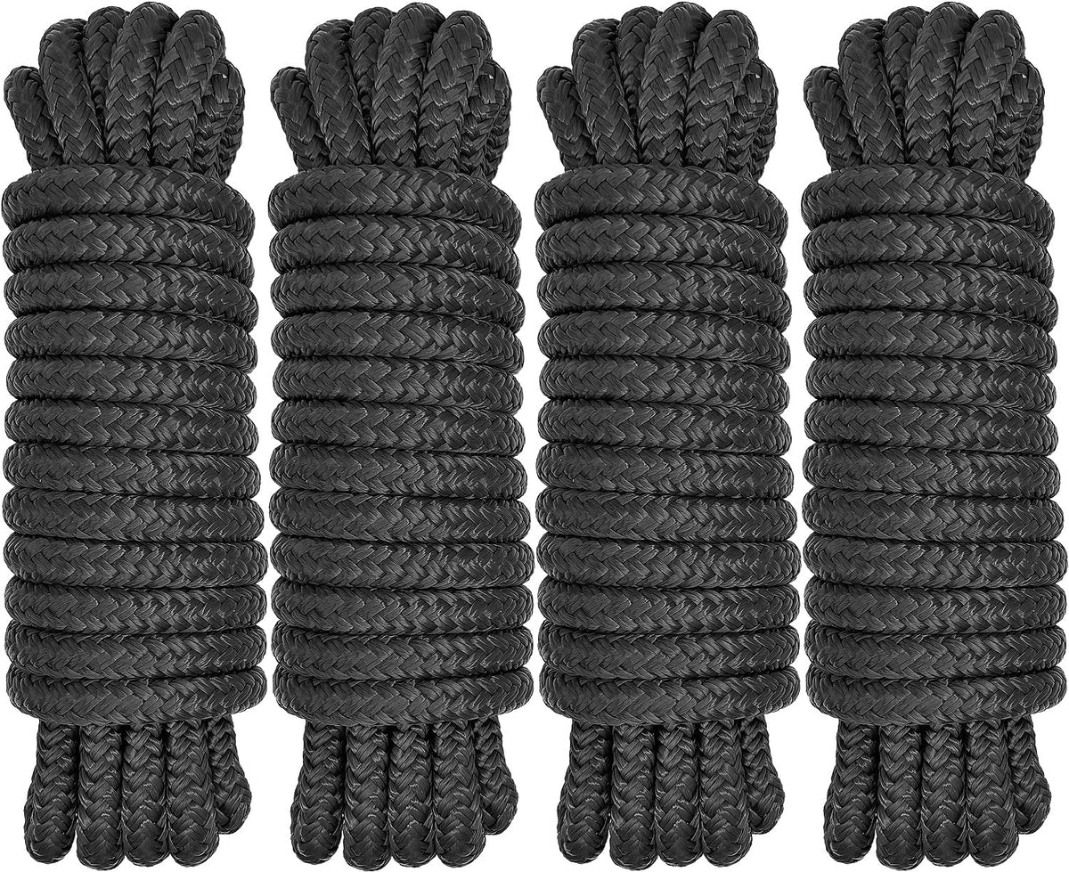 Boat Dock Lines 1/2" x 15' - Double Braided Nylon Boat Ropes for Docking with 12" Loop, Marine-Grade High Strength Boat Lines Dock Rope, Premium Marine Rope Mooring Lines, Easy Handling - 4 Pack,Black