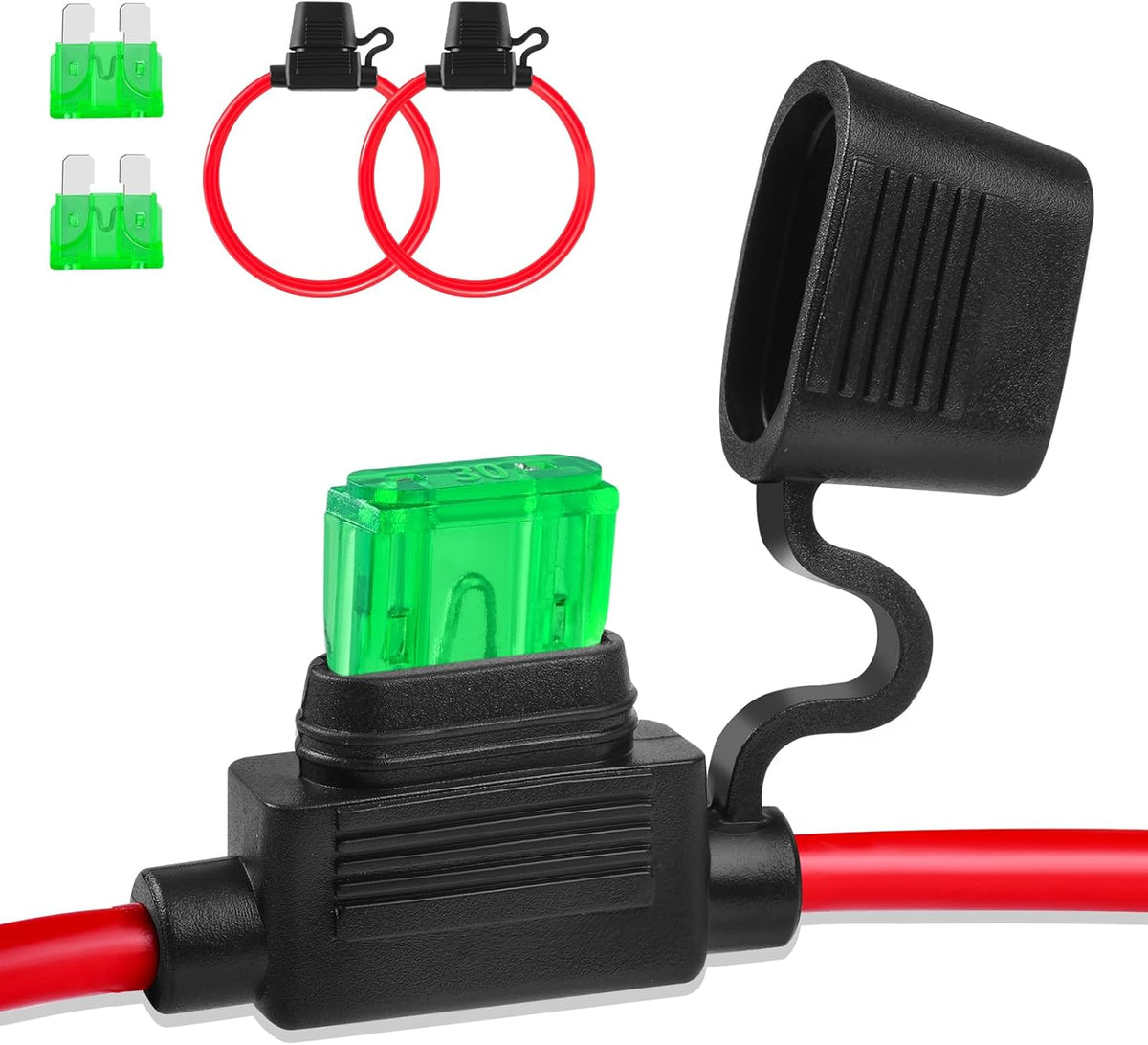 Inline Fuse Holder 12V 2 Pack, Extended Version 12 AWG Waterproof Blade Fuse Holder 13.8 Inch, in Line Fuse Holders 12V with 2 Pcs Standard Car Fuses 30A for Automotive, Marine by