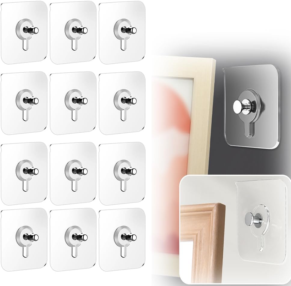 Drill Free Adhesive Hooks,Upgraded Picture Hangers Without Nails,Adhesive Wall Mount Screw Hooks for Hanging,Nail Free Wall Hangers for Kitchen, Bathroom (12 PCS, 2.36 * 2.36 inch)