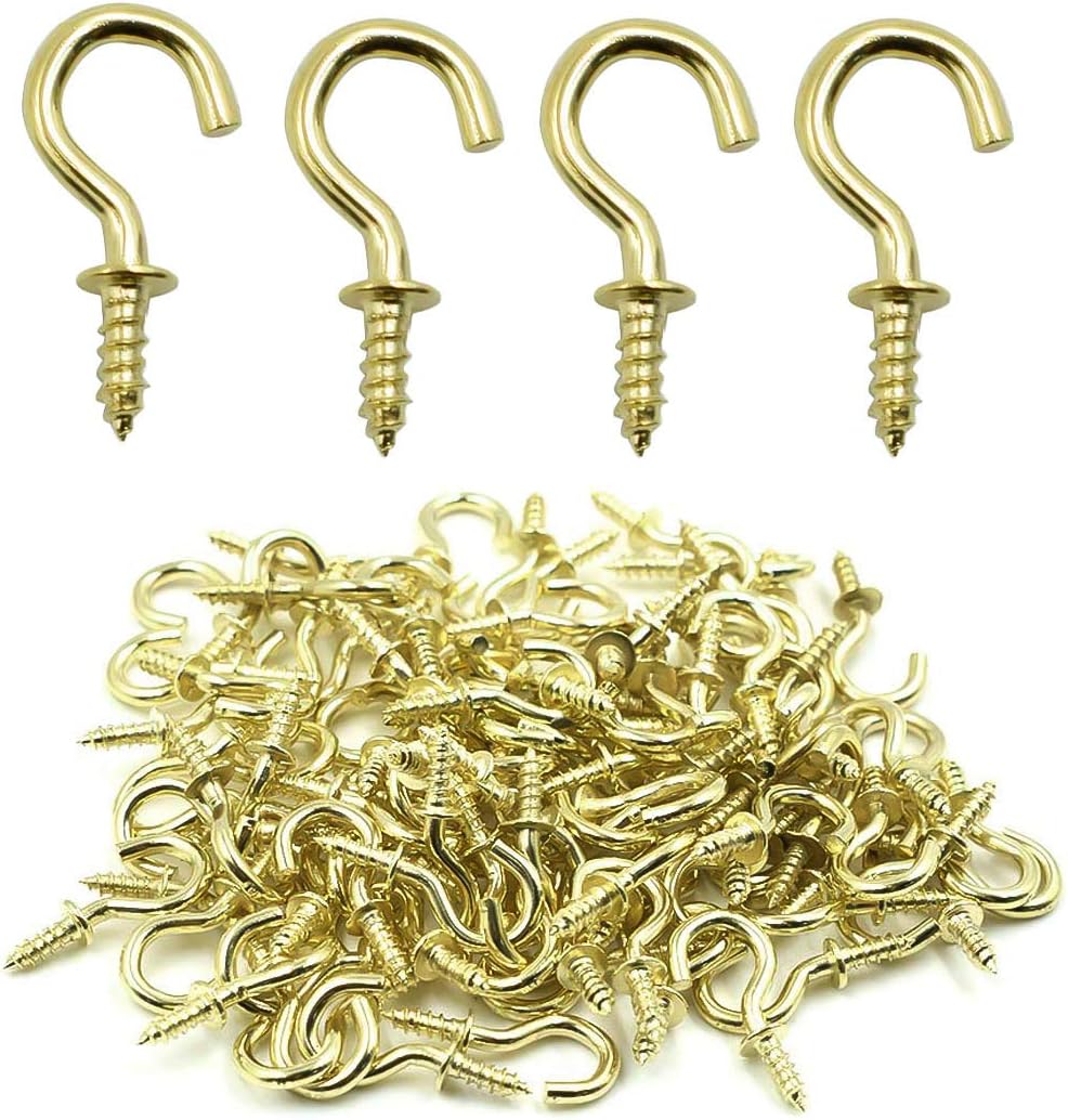 100 Pcs 1/2" Ceiling Cups Hooks Screw Hooks Ceiling Cup Hooks Self-Tapping Screws Hooks Gold