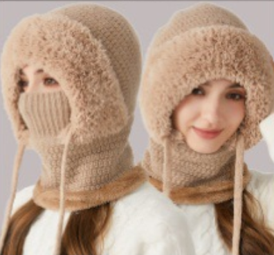 Winter Corn Velvet Hooded Scarf Mask Set - 3-in-1 Thermal Fleece Lined Balaclava for Extreme Cold - Windproof Face Cover for Skiing Cycling - Khaki (2-Pack Same Color)