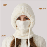 Winter Corn Velvet Hooded Scarf Mask Set - Thick Fleece Lined Knit Cap for Women - Warm Balaclava Neck Warmer for Extreme Cold - Off White