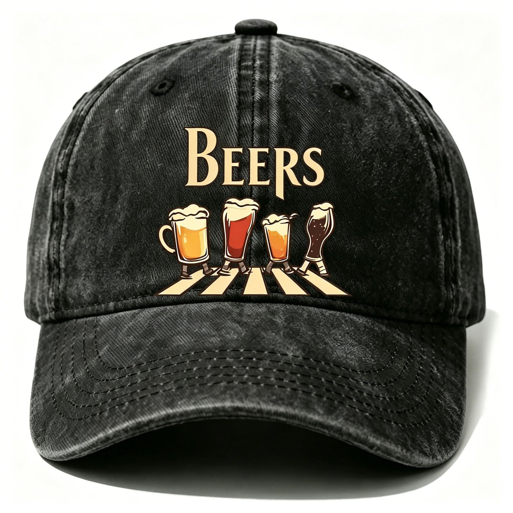 Washed Distressed Beer Print Baseball Cap - Vintage Cotton Adjustable Dad Hat for Men - Outdoor Sun Protection Casual Cap - Black