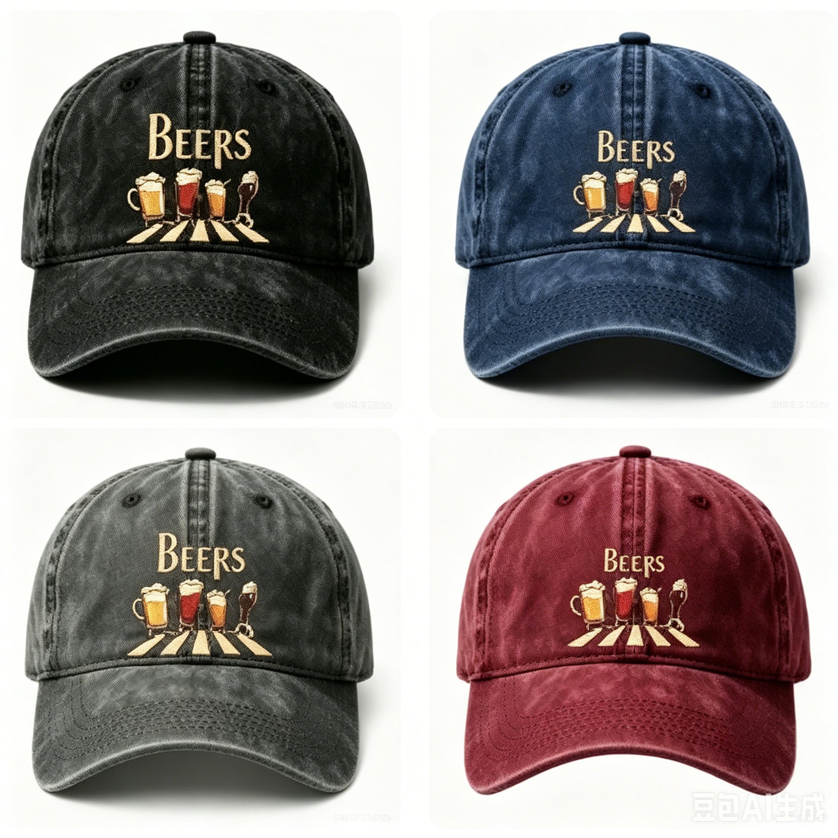 Washed Distressed Beer Print Baseball Cap - Vintage Cotton Adjustable Dad Hat for Men Women - Classic Curved Brim Sun Protection Outdoor Cap - Black + Navy + Gray + Wine Red (4-Pack)