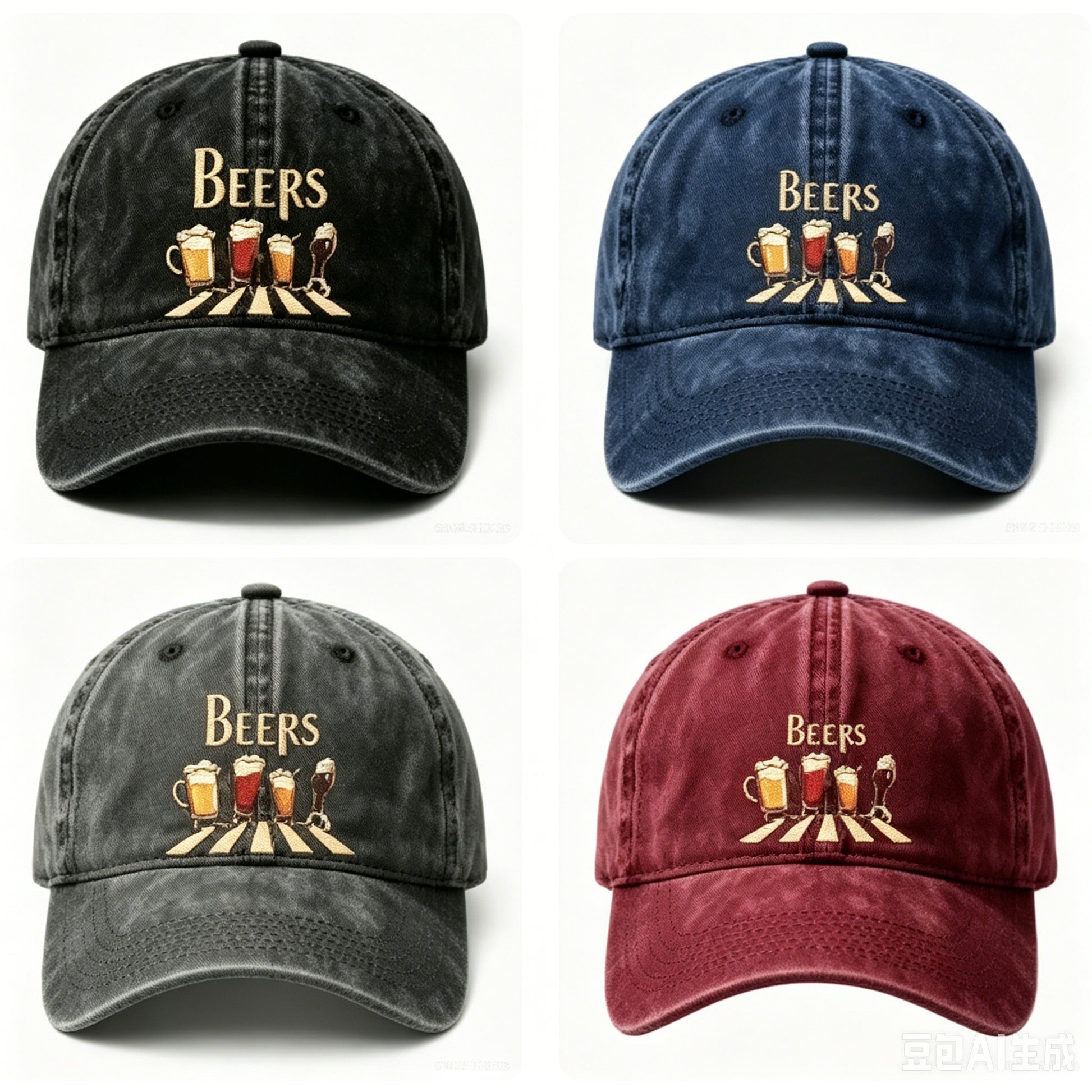 Washed Distressed Beer Print Baseball Cap - Vintage Cotton Adjustable Dad Hat for Men Women - Classic Curved Brim Sun Protection Outdoor Cap - Black + Navy + Gray + Wine Red (4-Pack)