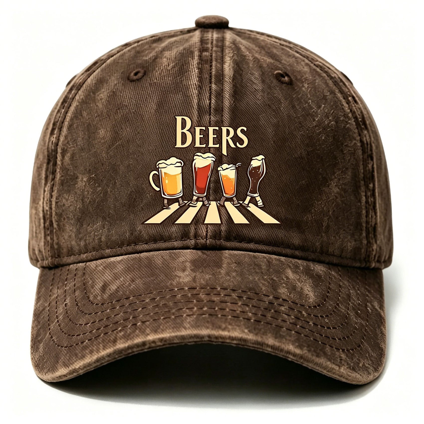 Washed Distressed Beer Print Baseball Cap - Vintage Cotton Adjustable Dad Hat for Men - Outdoor Sun Protection Casual Cap - Brown