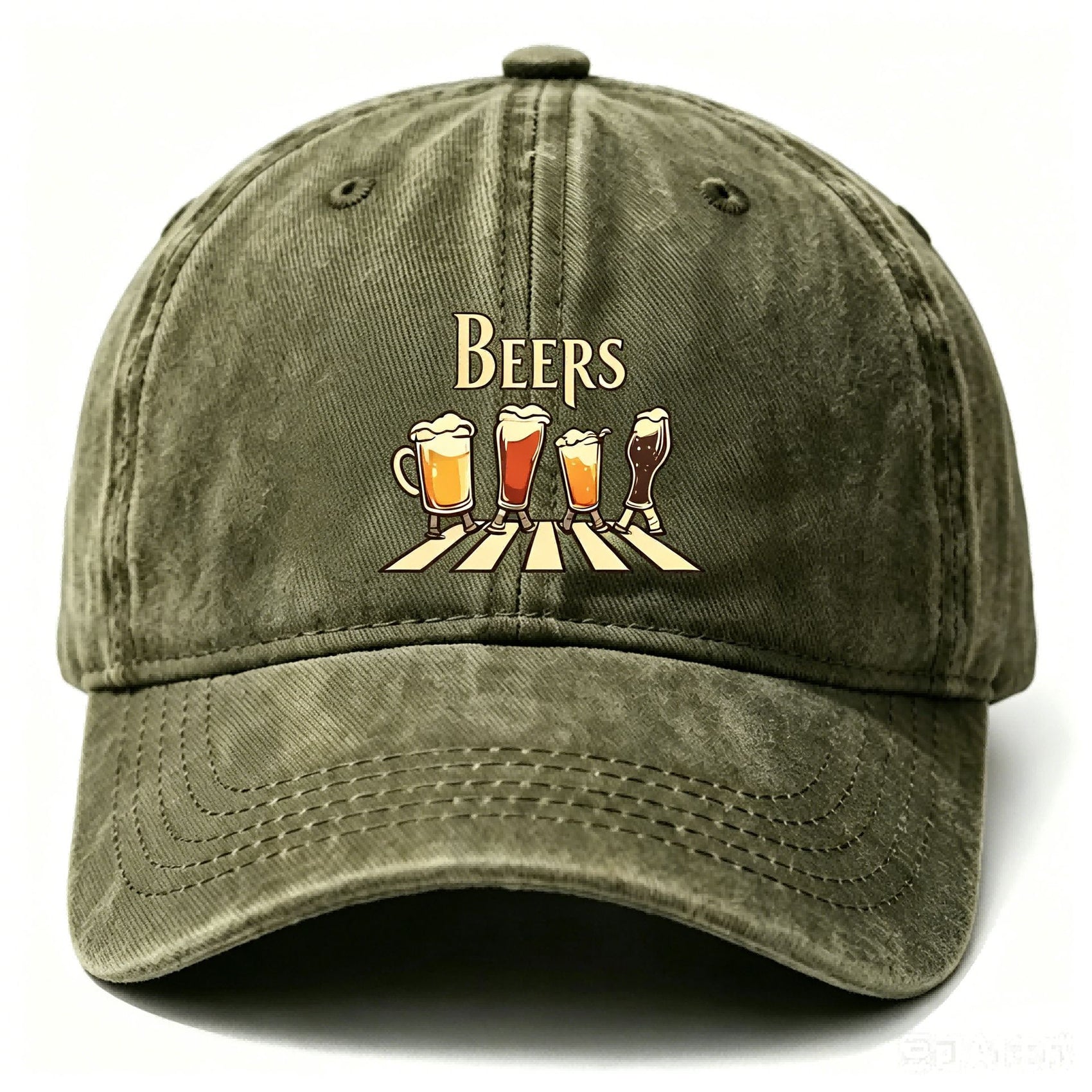 Washed Distressed Beer Print Baseball Cap - Vintage Cotton Adjustable Dad Hat for Men - Outdoor Sun Protection Casual Cap - Green