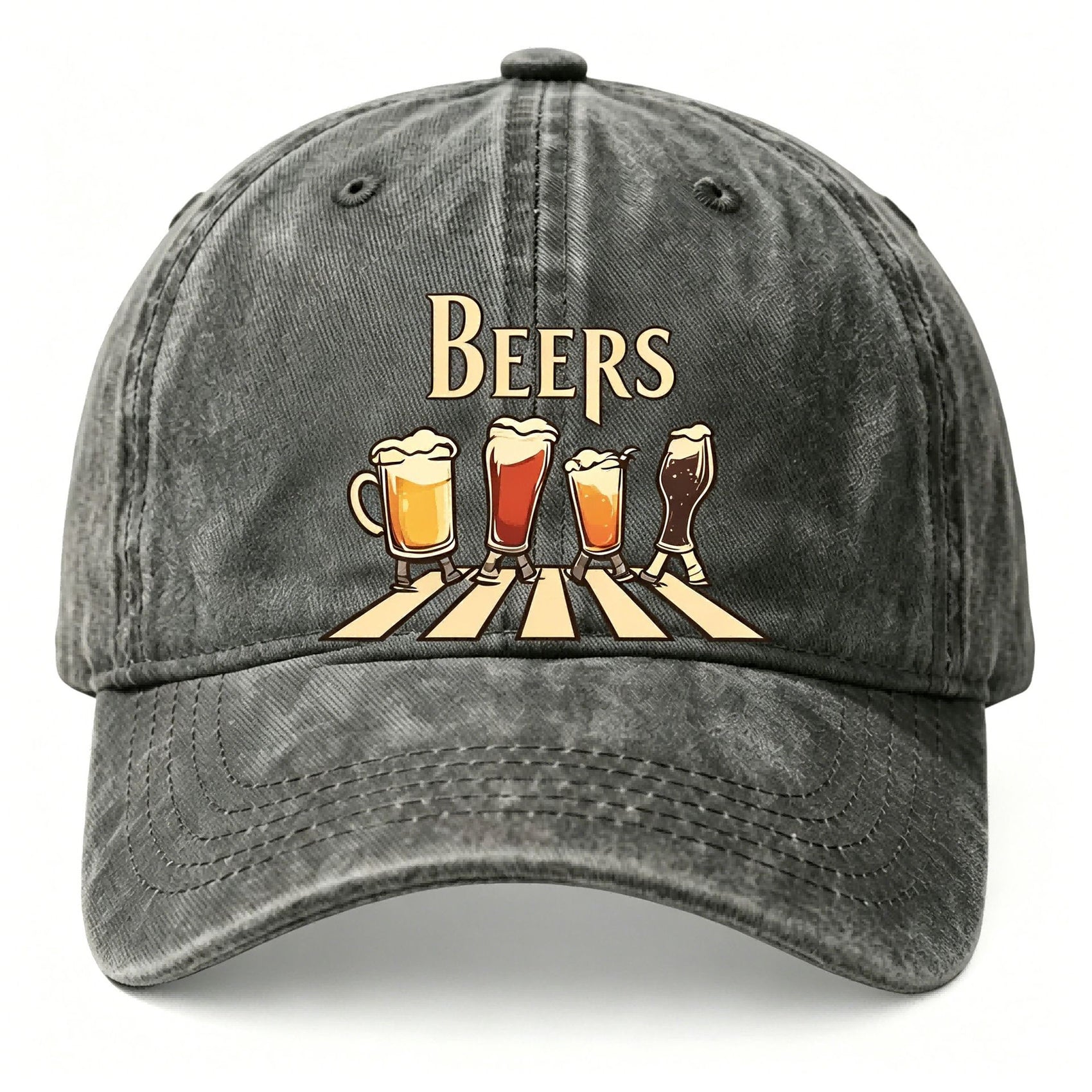 Washed Distressed Beer Print Baseball Cap - Vintage Cotton Adjustable Dad Hat for Men - Outdoor Sun Protection Casual Cap - Gray