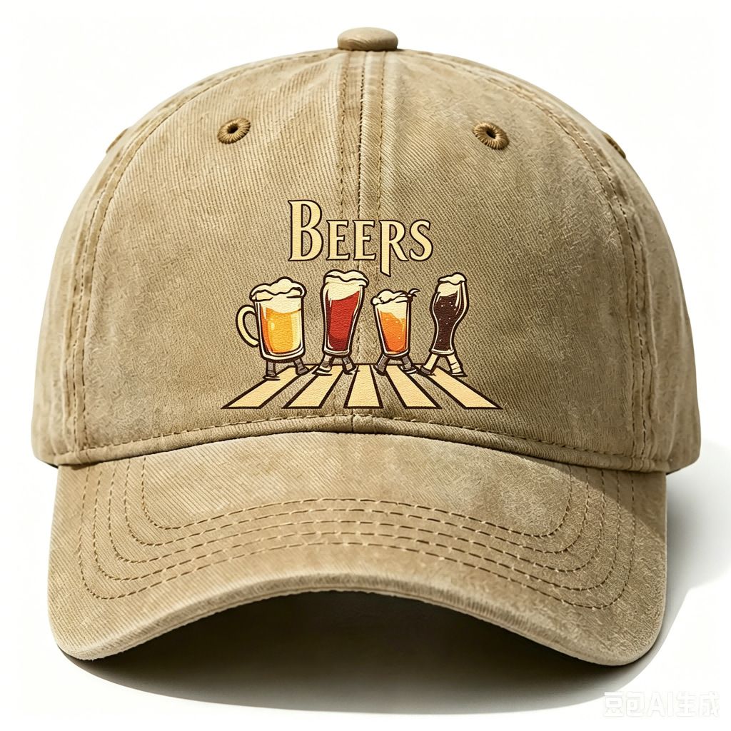Washed Distressed Beer Print Baseball Cap - Vintage Cotton Adjustable Dad Hat for Men - Outdoor Sun Protection Casual Cap - Khaki