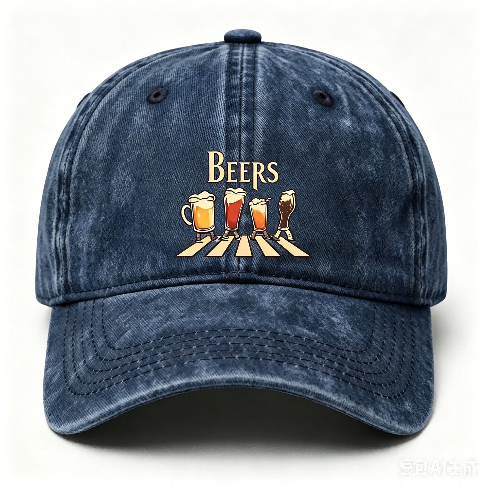 Washed Distressed Beer Print Baseball Cap - Vintage Cotton Adjustable Dad Hat for Men - Outdoor Sun Protection Casual Cap - Navy