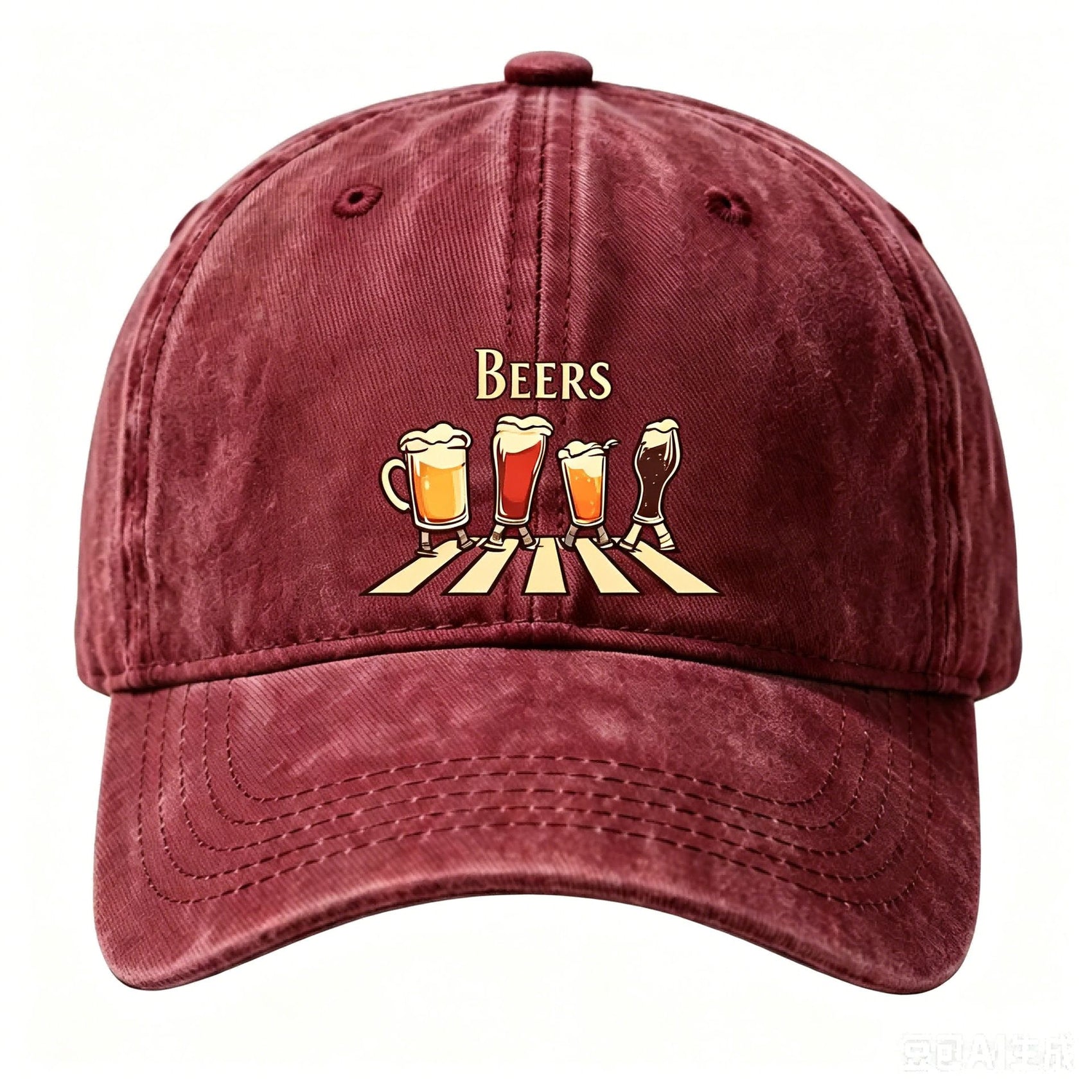 Washed Distressed Beer Print Baseball Cap - Vintage Cotton Adjustable Dad Hat for Men - Outdoor Sun Protection Casual Cap - Wine Red