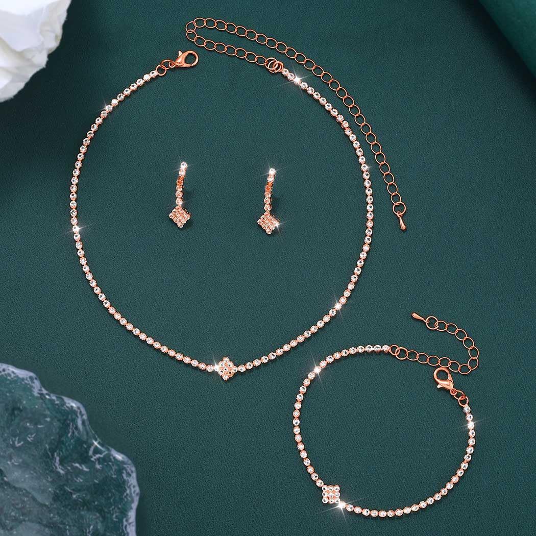 Bridal Zircon Jewelry Set 3-in-1 - Earrings Bracelet Necklace for Wedding Party - Crystal Shiny Bridal Jewelry Set for Women - Rose Gold