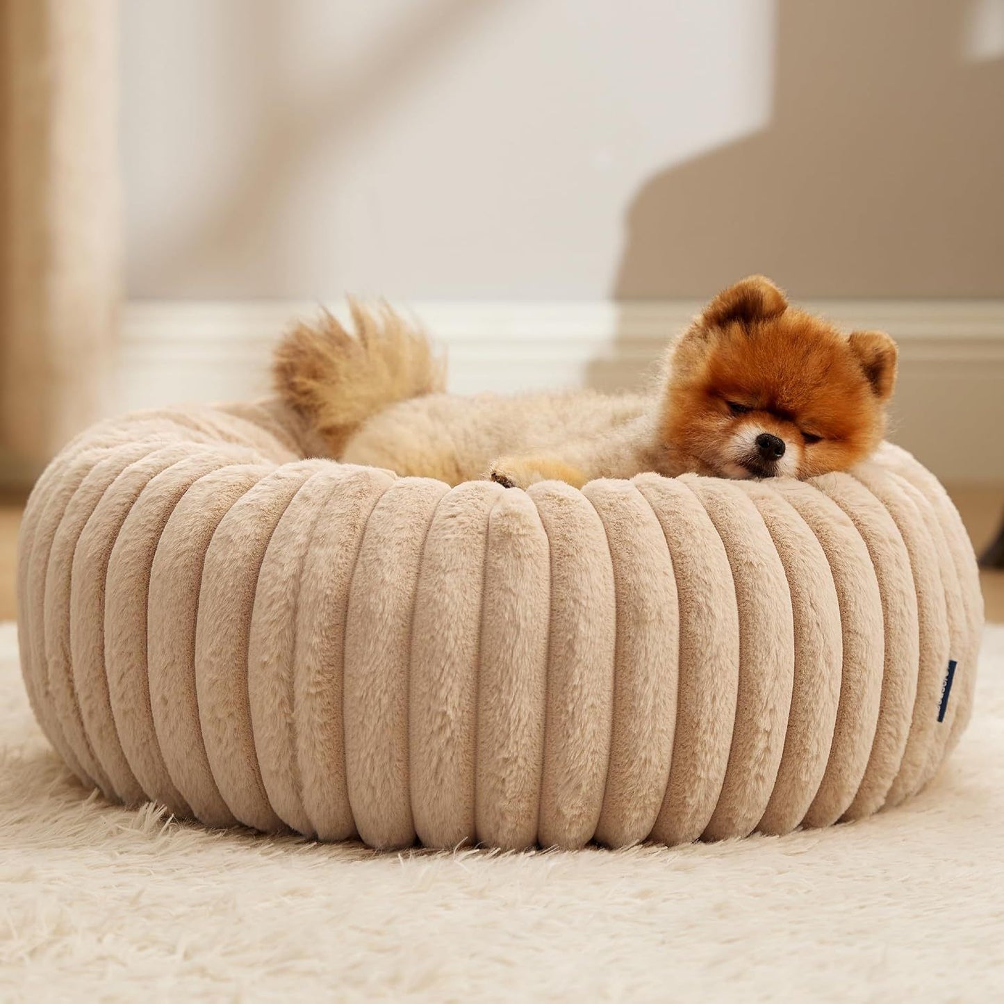 Calming Donut Pet Bed - Faux Rabbit Fur Soft Warm Round Cat Dog Bed - Plush Cozy Cuddler for Small Dogs Cats - Beige S 60cm