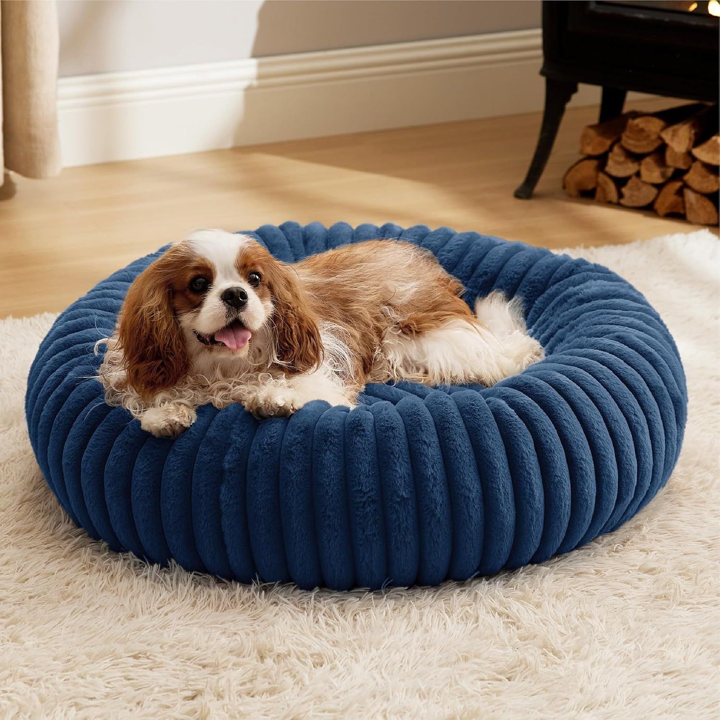 Calming Donut Pet Bed - Faux Rabbit Fur Soft Warm Round Cat Dog Bed - Plush Cozy Cuddler for Small Dogs Cats - Blue XL 90cm