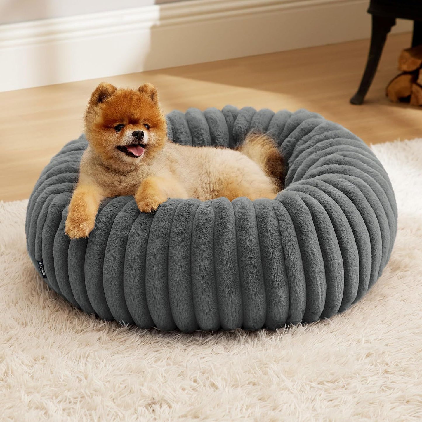 Calming Donut Pet Bed - Faux Rabbit Fur Soft Warm Round Cat Dog Bed - Plush Cozy Cuddler for Small Dogs Cats - Gray S 60cm