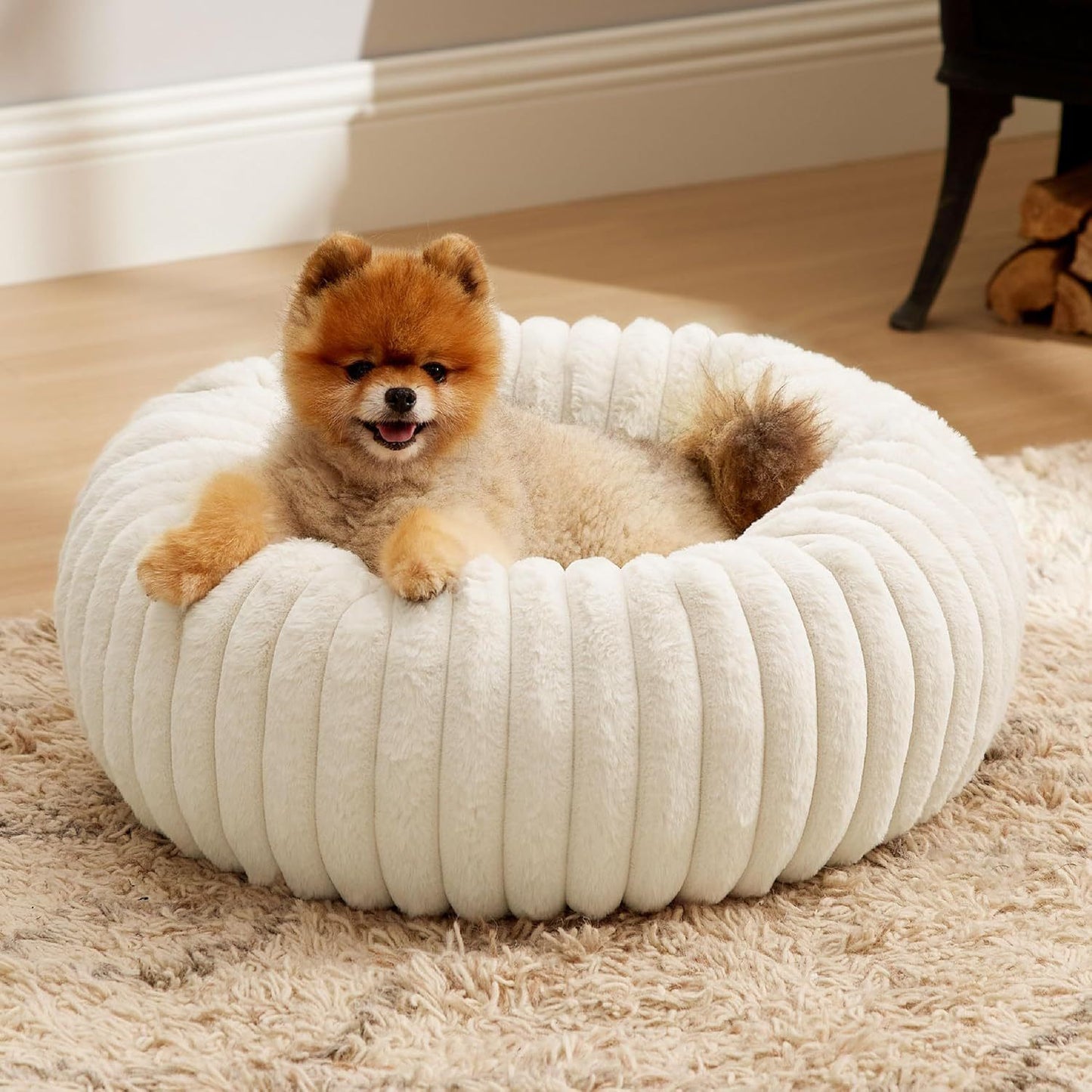 Calming Donut Pet Bed - Faux Rabbit Fur Soft Warm Round Cat Dog Bed - Plush Cozy Cuddler for Small Dogs Cats - Off White L 80cm