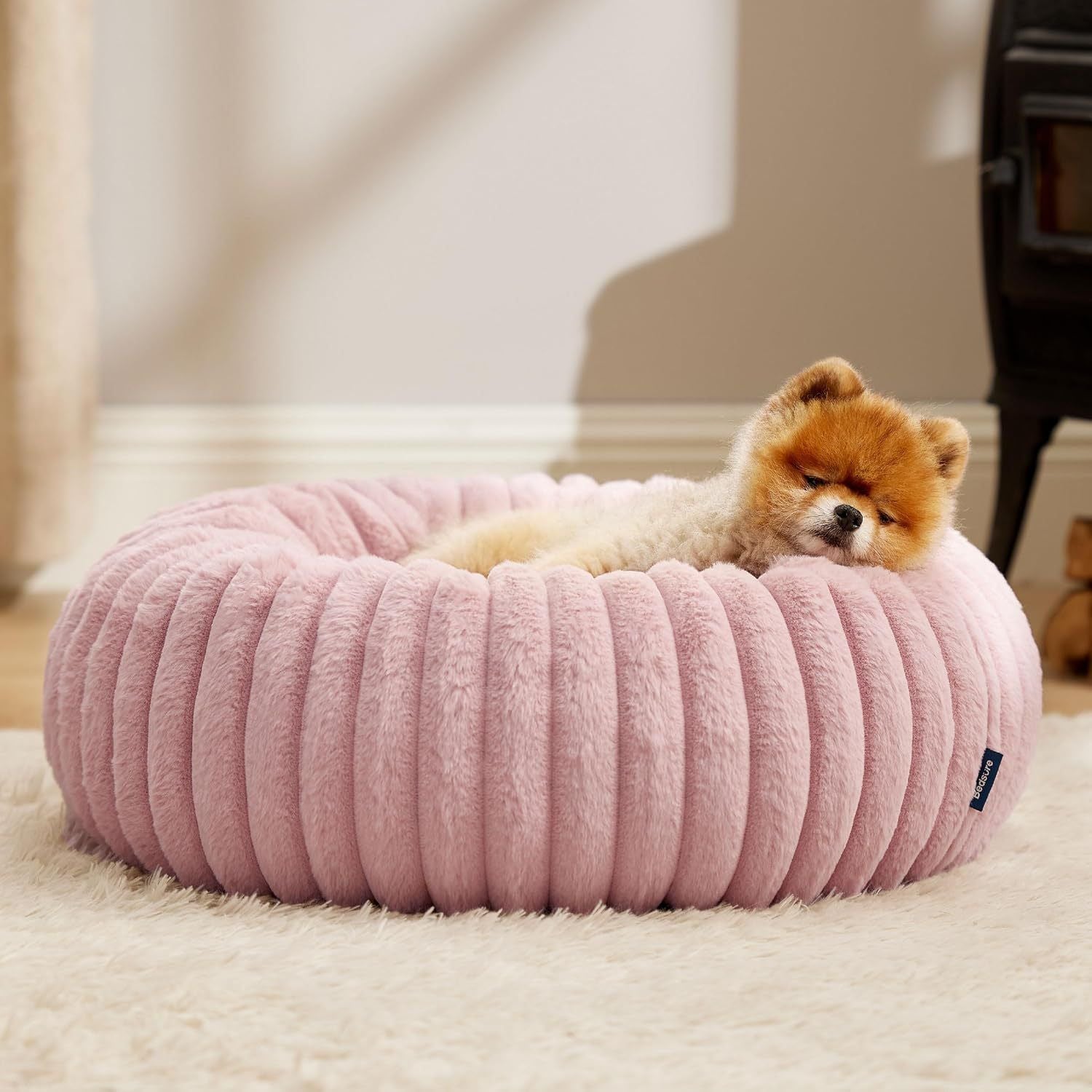 Calming Donut Pet Bed - Faux Rabbit Fur Soft Warm Round Cat Dog Bed - Plush Cozy Cuddler for Small Dogs Cats - Pink XS 50cm