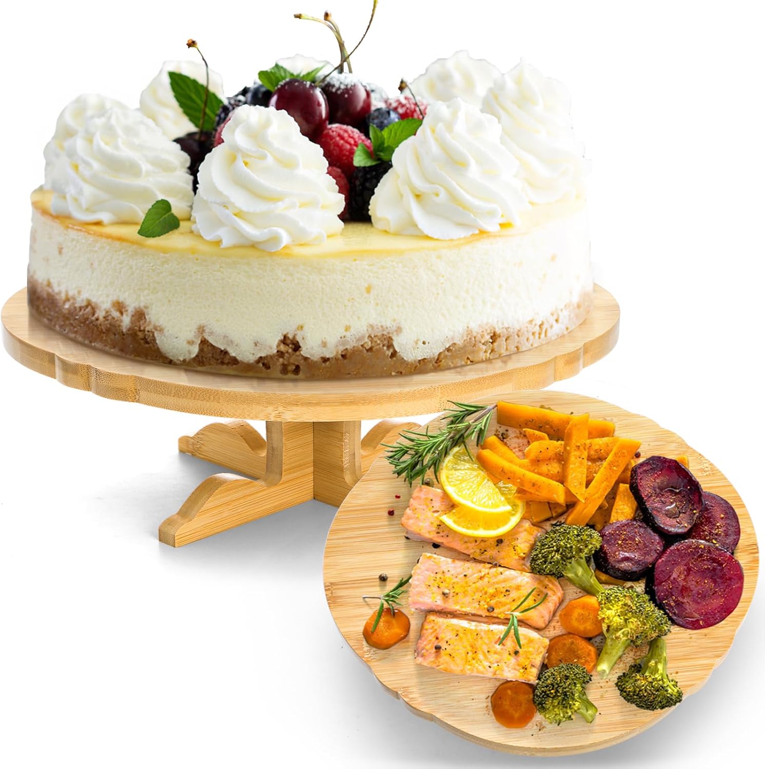 12 Inch Bamboo Cake Stand, One-Tier Wedding Cupcake Holder, Rustic Dessert Riser with Anti-Slip Pads, Pedestal Plate for Birthday, Tea Party, Baby Shower 
