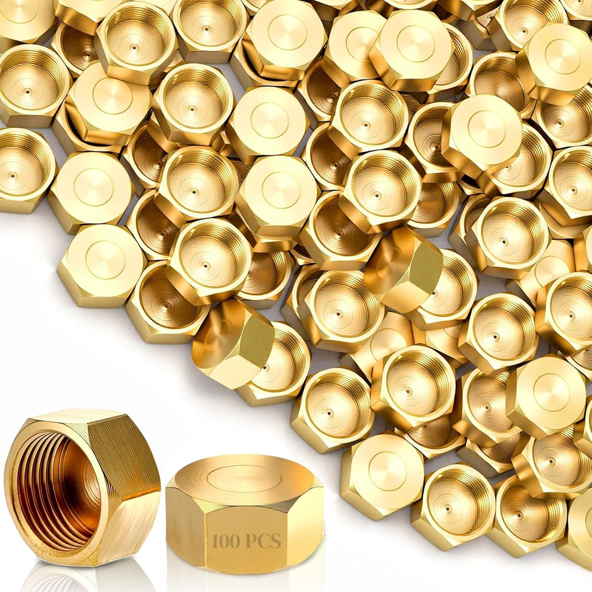 100 Pack Brass Compression Cap, Stop Value Caps, Drain Pipe Fittings for Hose Connector Nozzle Joints Outdoor Garden Water Air Line 