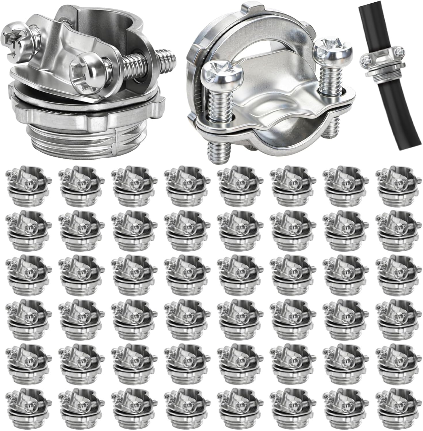 50 Pack 1/2 Inch Clamp Type Cable Connectors, Zinc Alloy and Steel Electrical Conduit Fittings for NM Cable, Rust Resistant Non-Metallic Wire Clamps to Protect Cables, Silver 