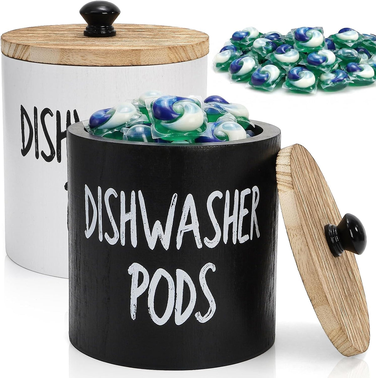 2 Pack Dishwasher Pod Container, Wood Tablet Holder with Lid, Round Laundry Pods Dispenser, Farmhouse Detergent Tin Organizer for Home Kitchen Cabinet Decor, Holds 25 pods 