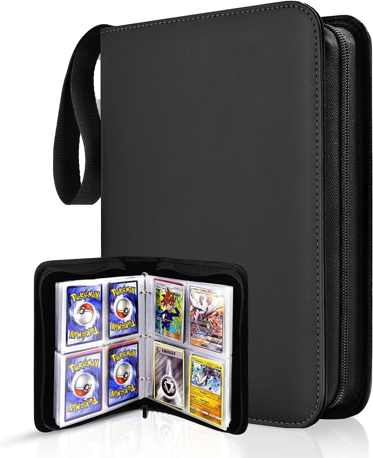 Trading Card Binder 4 Pocket,400 Pockets for Pokemon Cards with Zipper,50 Sleeves Holder Compatible Standard Card,Sport Card,Game Card-Gift Boy and Girl(4-Pockets, Black) Black 4-Pockets