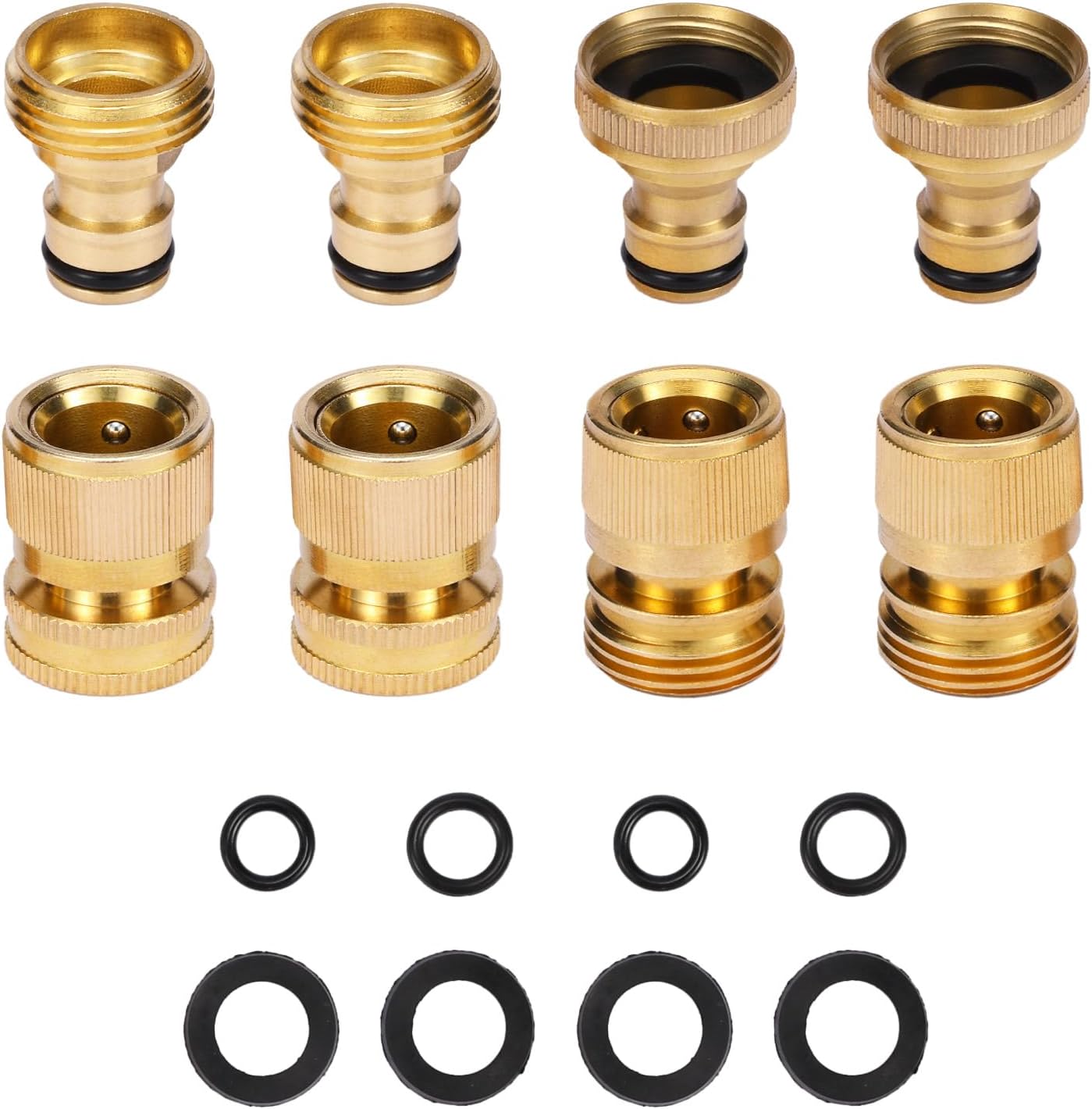 Garden Hose Quick Connect Solid Brass Connector Water Connectors Easy Fittings Standard 3/4 inch GHT, 4 Complete Sets female & Male, Free Washers Gaskets 