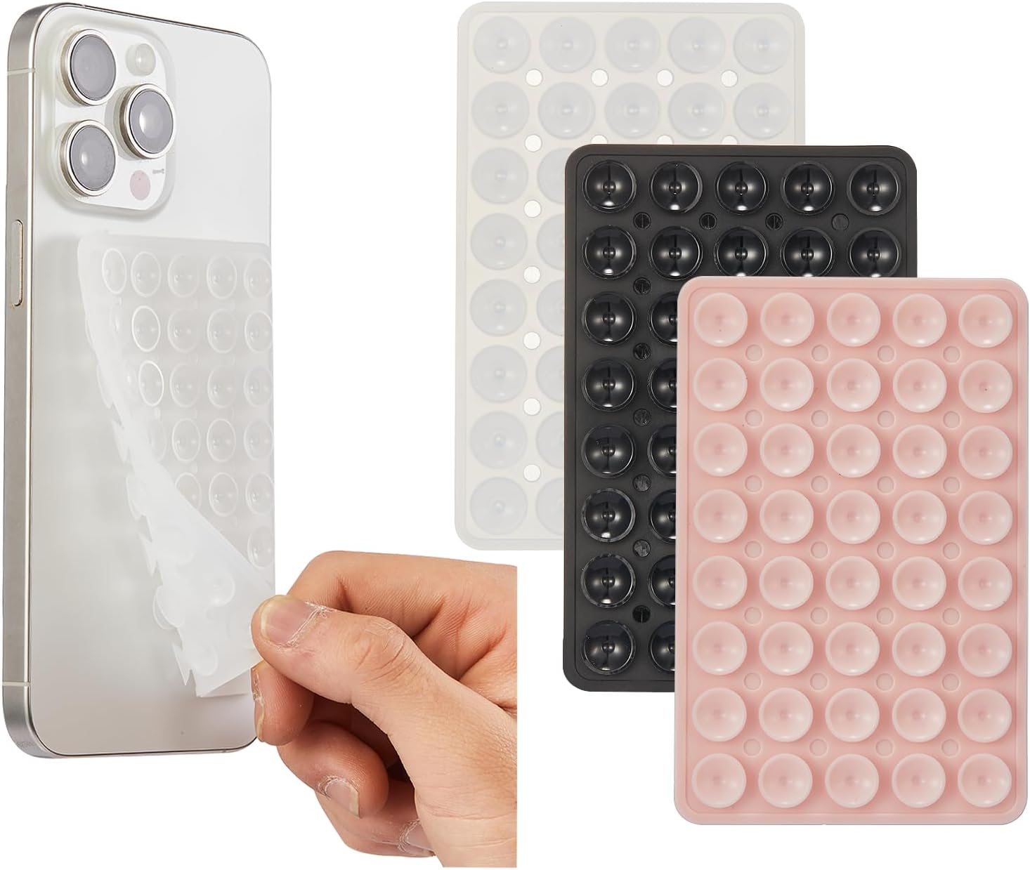 3 Pack Silicone Sticky Grip Holder for Cellphone, Suction Cup Phone Mount Hands-Free Double Sided Strong Selfie & Videos, Pink/Black/Transparent 